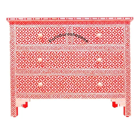 Antique Indian Handmade Bone Inlay Red Geometric Sideboard Buffets 4 Drawer Cover