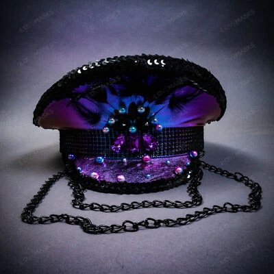 Gorra Capitán Pluma Steampunk Burning Man Estrás - Azul Púrpura Foto 1 de 4