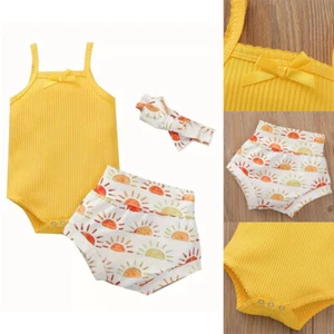 3PCS Newborn Baby Girl Summer Clothes Sleeveless Romper Shorts Headband Gift Set - Picture 1 of 7