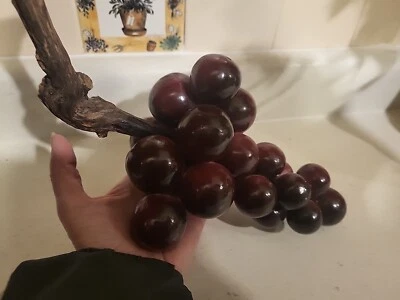 Earily VTG Italian Alabaster Stone Lg 11" Dark Purple 24 Grape Cluster W/Stem  - Image 1 of 4