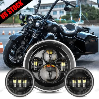 BLACK 7 INCH LED Projector Headlight + Passing Lights Fit for Harley Touring 3PC - Imagem 1 de 4