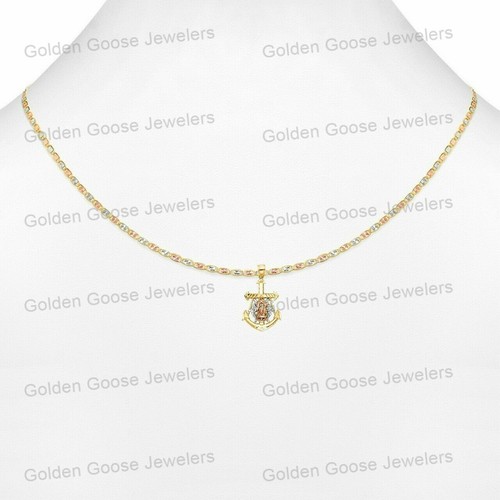 Ciondolo Ancoraggio Nave Vergine Sposa Oro 14KT Tricolore Vero Catena Valentino