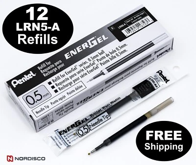 Pentel LRN5-A EnerGel Refill, 0.5 Needle Tip, Black Liquid Gel Ink, Box of 12