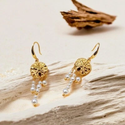 Золотые висячие жемчужные серьги, подлинные пляжные серьги с кисточками, шикарный шикарный шикарный подарок - Изображение 1 из 4