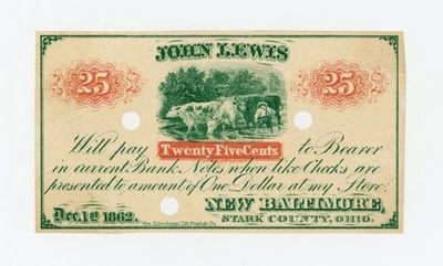 1862 25c John Lewis - New Baltimore, OHIO Merchant Scrip CIVIL WAR Era UNC - Image 1 of 2