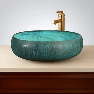 Waschtisch Waschbecken gehämmert türkis Patina Kupfer - Bild 1 von 3