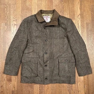 Vintage Harris Tweed Wool Herringbone Brown Quilted Field Jacket Mens XL - Image 1 of 4