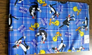 vintage Tweety Bird Blue Plaid Flannel 1 Yard Cotton Fabric - New Old Stock - Picture 1 of 3