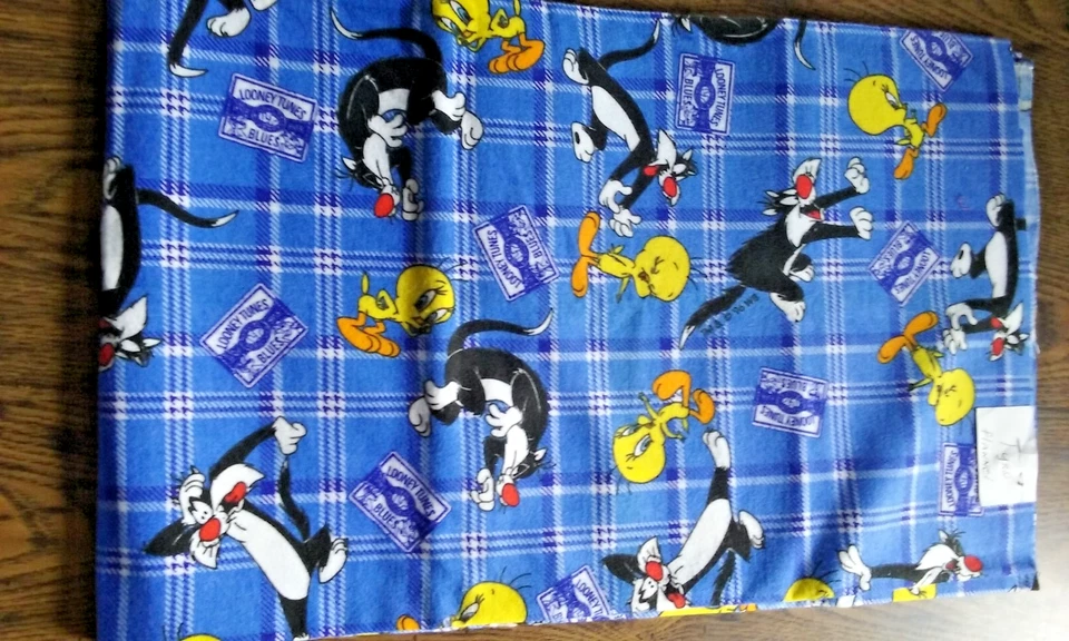 vintage Tweety Bird Blue Plaid Flannel 1 Yard Cotton Fabric - New Old Stock - Image 1 of 3