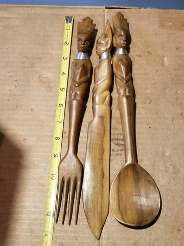 Vintage Carved Wooden Fork, Spoon, Knife  - Wall Décor - 12" Wood Egyptian Cover