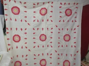 Antique 1930's Quilt Top Coverlet pink yellow & white Appliqued Flowers - Picture 1 of 10