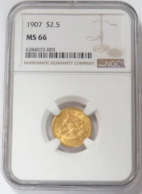 1907 GOLD LIBERTY HEAD $2.50 QUARTER EAGLE COIN NGC MINT STATE 66 - Image 1 of 4