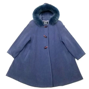 Abrigo De Colección Daniel Elise Paris Lana Cachemira Columpio Mujer M/L Azul Piel de Zorro Borde Capucha - Imagen 1 de 15