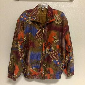 Fall Colored Oversized 80s 100% Silk Windbreaker Jacket Fuda Size Women's XL - Picture 1 of 7