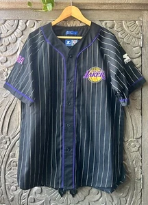 Vintage Starter Jersey Men's Large Black Los Angeles Lakers Pinstripe NBA 90s - Picture 1 of 12