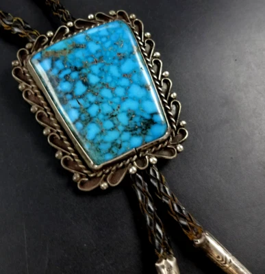 Corbata BOLO Vintage Plata Esterlina AZUL KINGMAN BIRDSEYE TURQUESA Cuero Negro Foto 1 de 4