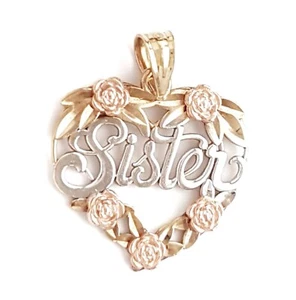 Solid 9ct Gold Sister Pendant. Heart. Flowers. Yellow, Rose & White Gold. 9K - Picture 1 of 8