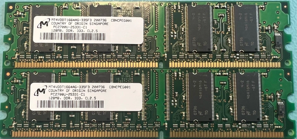 LOT OF 10 Micron MT4VDDT1664AG-335F3 128MB PC-2700 Desktop DDR-333MHz Ram Memory - Image 1 of 1