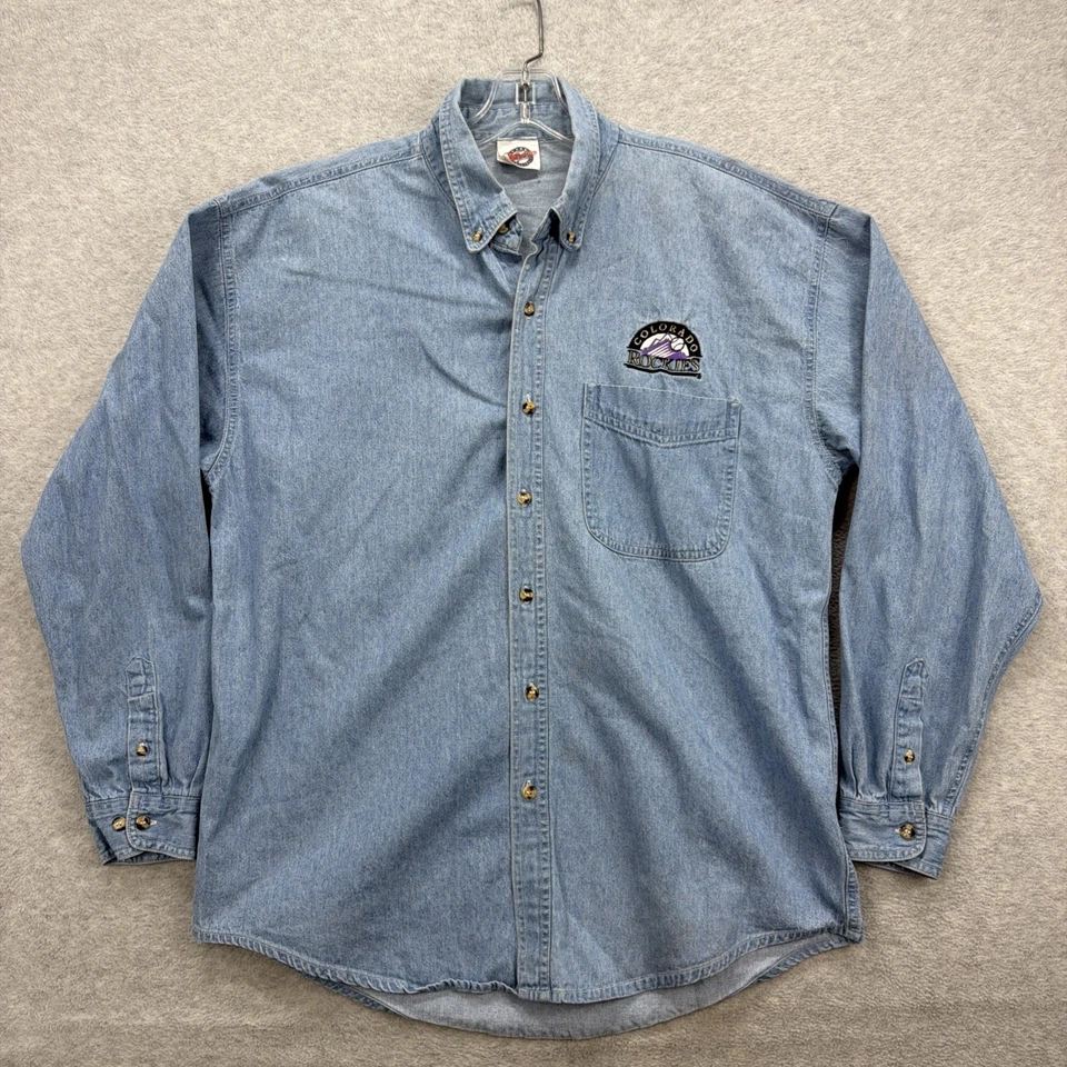 De colección Colorado Rockie Para Hombres Mediano Denim Cambray Manga Larga Hank Aaron MLB Foto 1 de 4