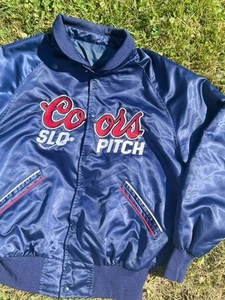 Coors Slow pitch Jacket Mens XL Blue Satin Bomber Vintage 90s Beer Embroidered - Picture 1 of 9