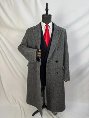 Vintage Mens Double Breasted pure wool gray Herringbone Classic Overcoat 42L 44L - Image 1 of 4