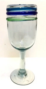 Hand Blown Wine Water Goblet Glass Art Mexico Teal Aqua Green Blue Swirl - Picture 1 of 12