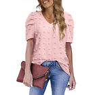 (Pink S)Women Summer Puff Sleeve Shirt V Neck Short Sleeve Top Ladies AGS