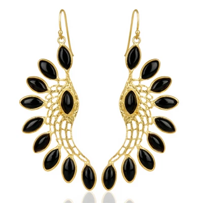 Wing Shaped Brass Gemstone Dangle Earring Fancy Multi Marquise Black Onyx Stone - Image 1 of 4