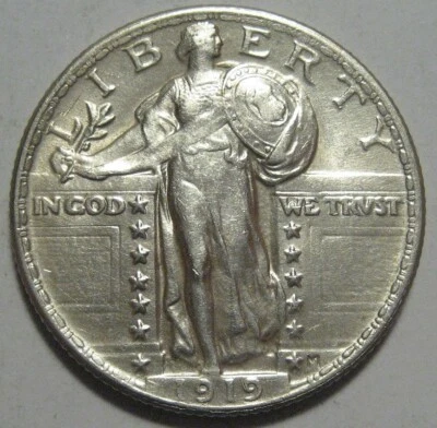 = 1919 AU/BU STANDING Quarter, ALMOST FULL HEAD, FREE Shipping - Image 1 of 2