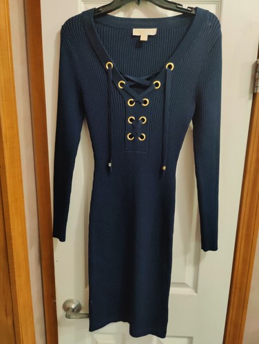 Abito maglione Michael Kors SM elasticizzato NAVY blu a costine con lacci cravatta occhielli