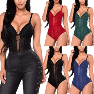 Sexy Women's V Neck Bandage Bodysuit Sleepwear One-piece Wear Slim-fit Jumpsuit - Picture 1 of 24