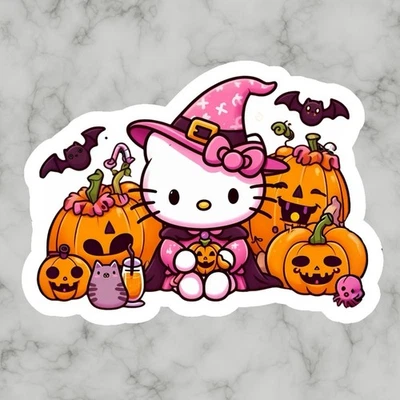 Kitty cat, Cute Kawaii Pink Halloween Hello Adorable Glossy Vinyl sticker, Decal - Image 1 of 2