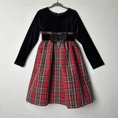 Good Lad Dress Red Plaid Black Velvet Long Sleeve Holiday Christmas Classic 5 - Image 1 of 4