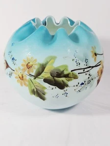 Vintage blau satiniertes Glas gefasst handbemalt Blumenmuster Sammlerstück Vase, 5" - Bild 1 von 16