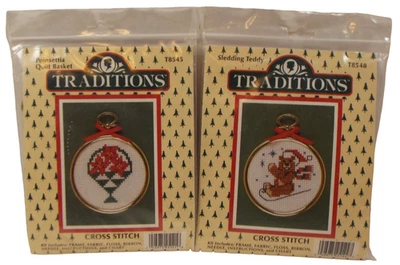 Traditions Counted Cross Stitch 2 Pack Kits SLEDDING TEDDY & POINSETTA Set NIP! - Image 1 of 4