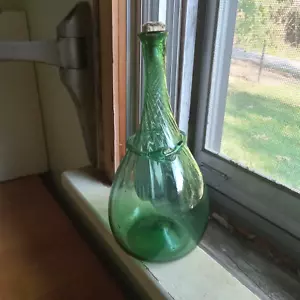 EARLY PONTILED GREEN SWIRLED PATTERN MOLD BLOWN GLOBULAR SADDLE FLASK BOTTLE - Picture 1 of 11