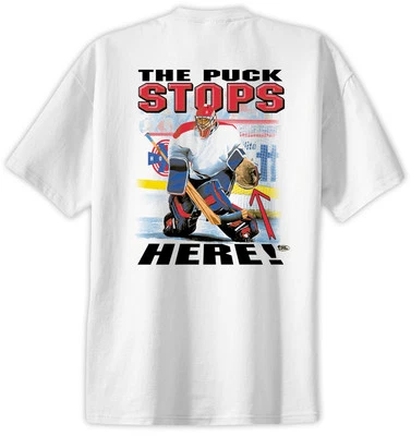 Camiseta deportiva de hockey Puck Stops Here manga corta nueva tallas para adultos y jóvenes Foto 1 de 2
