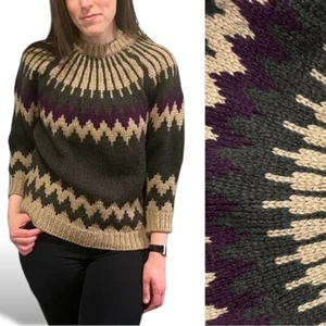Chunky Knit 80s Vintage Boho Western Sweater Tan Purple Green The Lodge Hippie - Picture 1 of 8