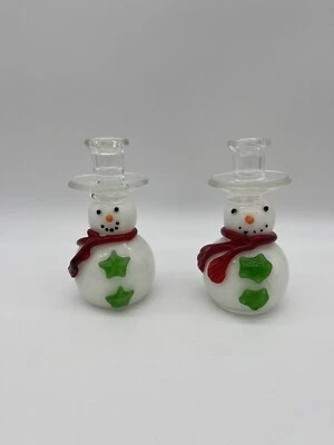 (2) Vela de muñecos de nieve de vidrio artístico, soportes cónicos, Navidad, muñeco de nieve, vacaciones, usada en excelente estado Foto 1 de 4