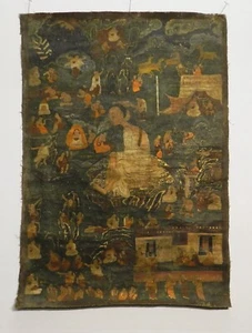 ANTIQUE 19th c TIBETAN THANGKA PAINTING -- LIFE OF MILAREPA 21X30" - Picture 1 of 11