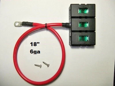 ANS TRIPLE Fuse Block with 3 - 30A  Fuses & 18" 6ga power cable 5/16  batt lug - Image 1 of 3