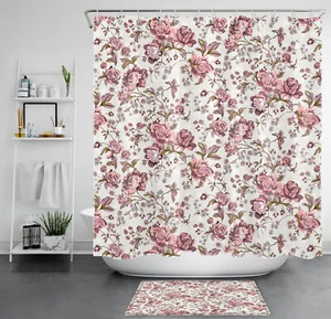 Juego de Cortina de Ducha Floral Rosa Hoja Verde Planta de Granja para Decoración de Baño - Imagen 1 de 23