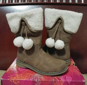 Rachel Shoes Girls Athena Tan Suede Faux Cuff Pompom Mid-Calf Boots Size 10M NWB - Picture 1 of 8