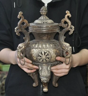 Estatua incensaria quemador de incienso de plata tibetana tibetana de 12,4" antigua Foto 1 de 4