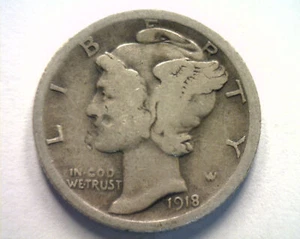 1918 MERCURY DIME GOOD / VERY GOOD G/VG NICE ORIGINAL COIN BOBS COINS 99c SHIP - Picture 1 of 2