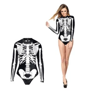 Damen Halloween Skelett Langarm Lustiger Einteiler Bodysuit Badeanzug Badeanzug - Bild 1 von 6