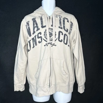 Men's L White Graphic Print Loose Full Zip Hoodie Sweatshirt - Nautica Jeans Co - Image 1 of 4