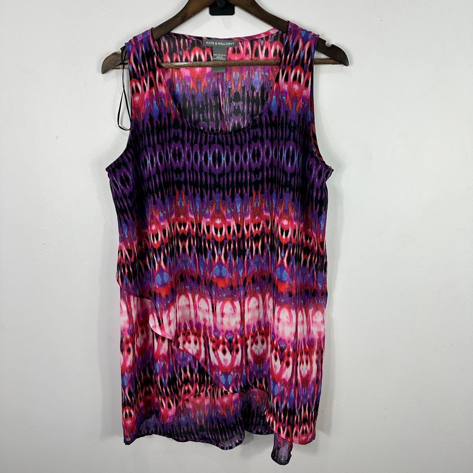 Camiseta sin mangas Kate & Mallory 1X multicolor estampado Ikat en capas transparente festival boho Foto 1 de 4