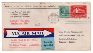 #818 Presidential Series 13c Millard Fillmore 1938 FDC - Typed Cachet to Germany - Picture 1 of 2