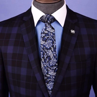 Corbata Azul Floral Italiana Novedad 3" Negocios Formal Elegancia Inteligente Ego Hombre Foto 1 de 4